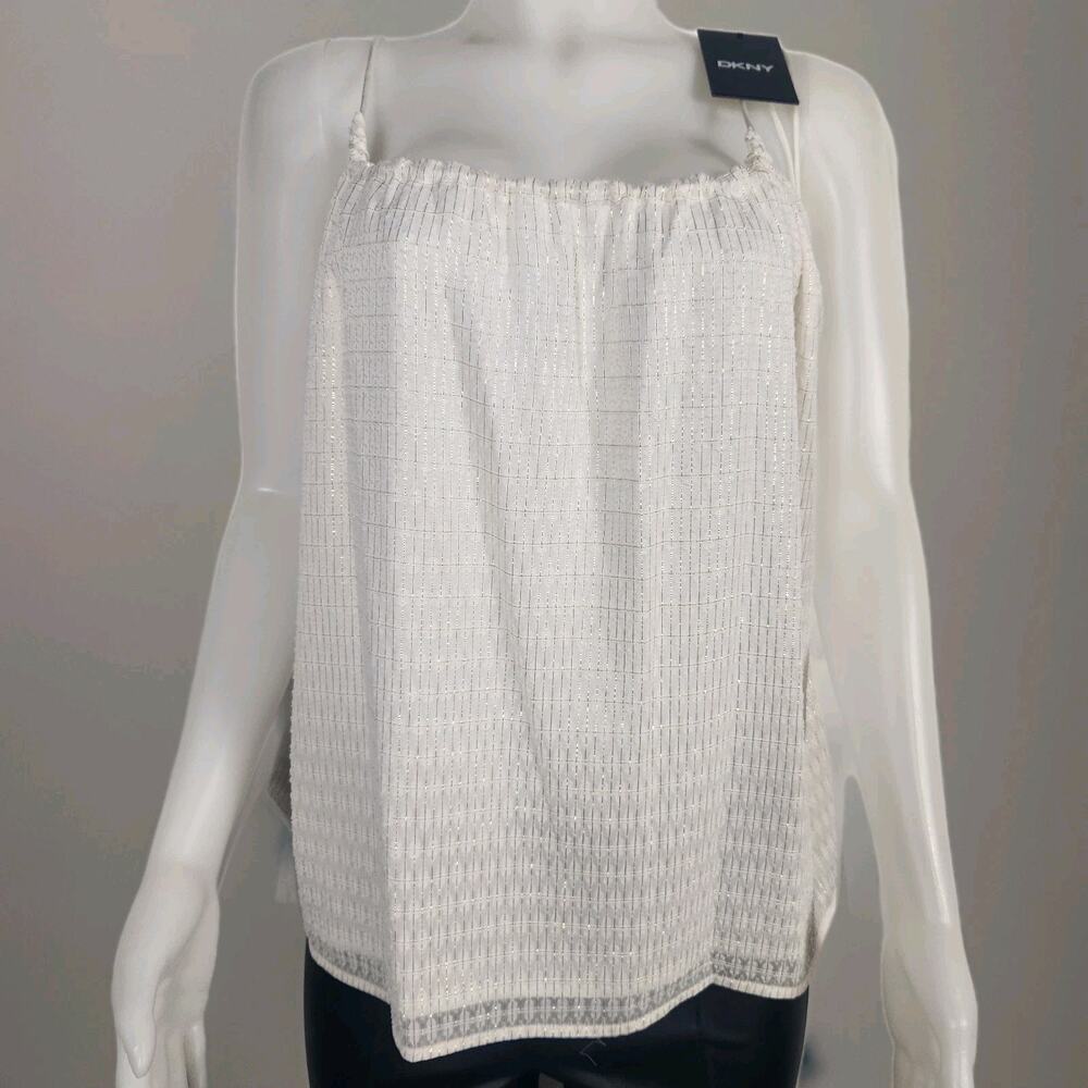 DKNY Flowy Tank Top Womens L White Gold Thread Spaghetti Strap Bow Tie NWT $79